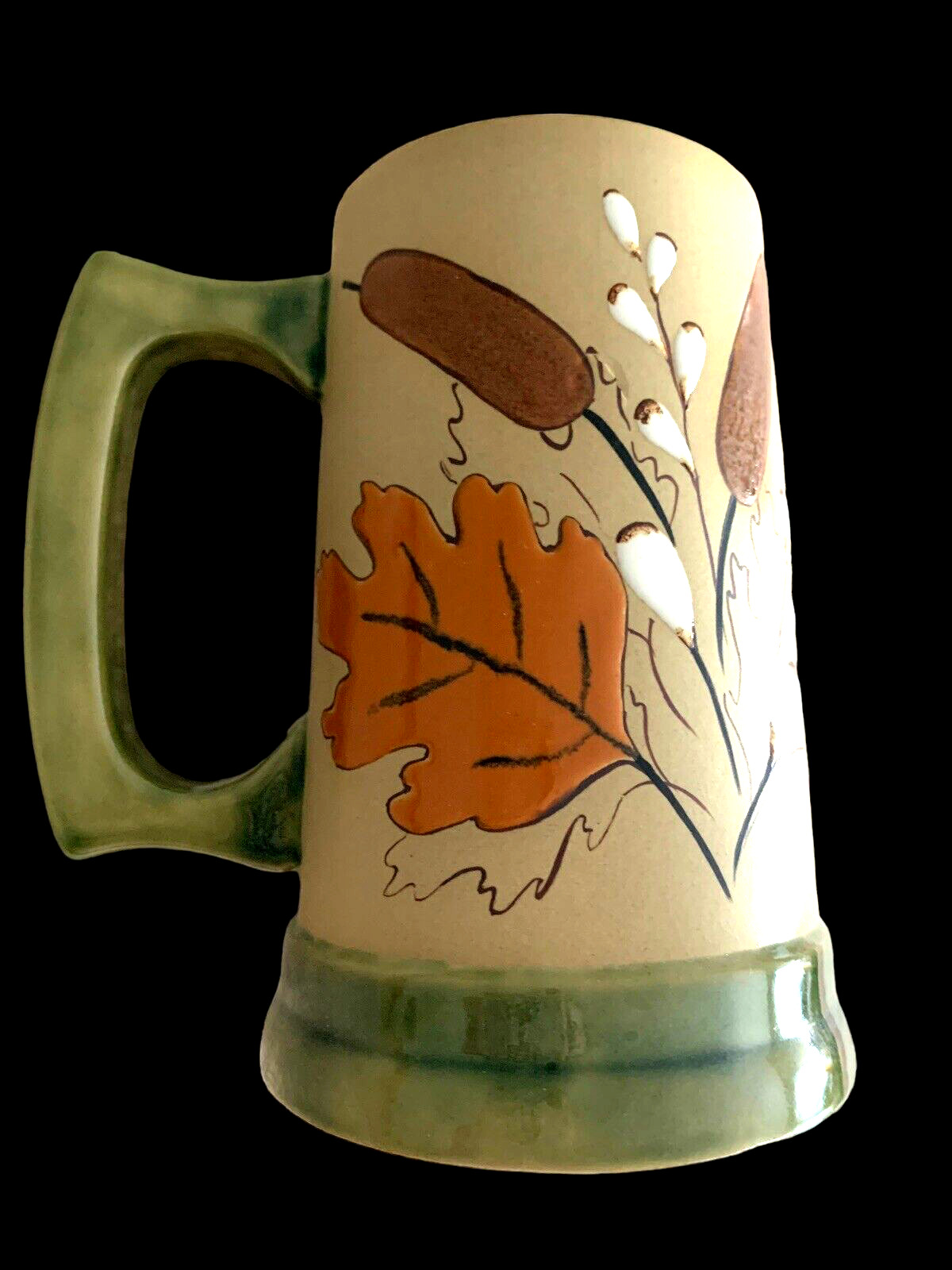 Vintage Raised Glaze Botanical Stoneware Pottery Artisan Mug Signed 12 oz Sage