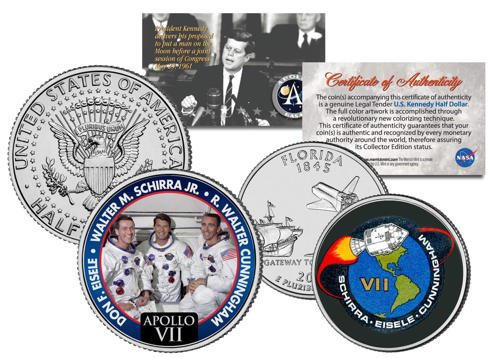 APOLLO 7 SPACE MISSION 2-Coin Set U.S. Quarter & JFK Half Dollar NASA ASTRONAUTS