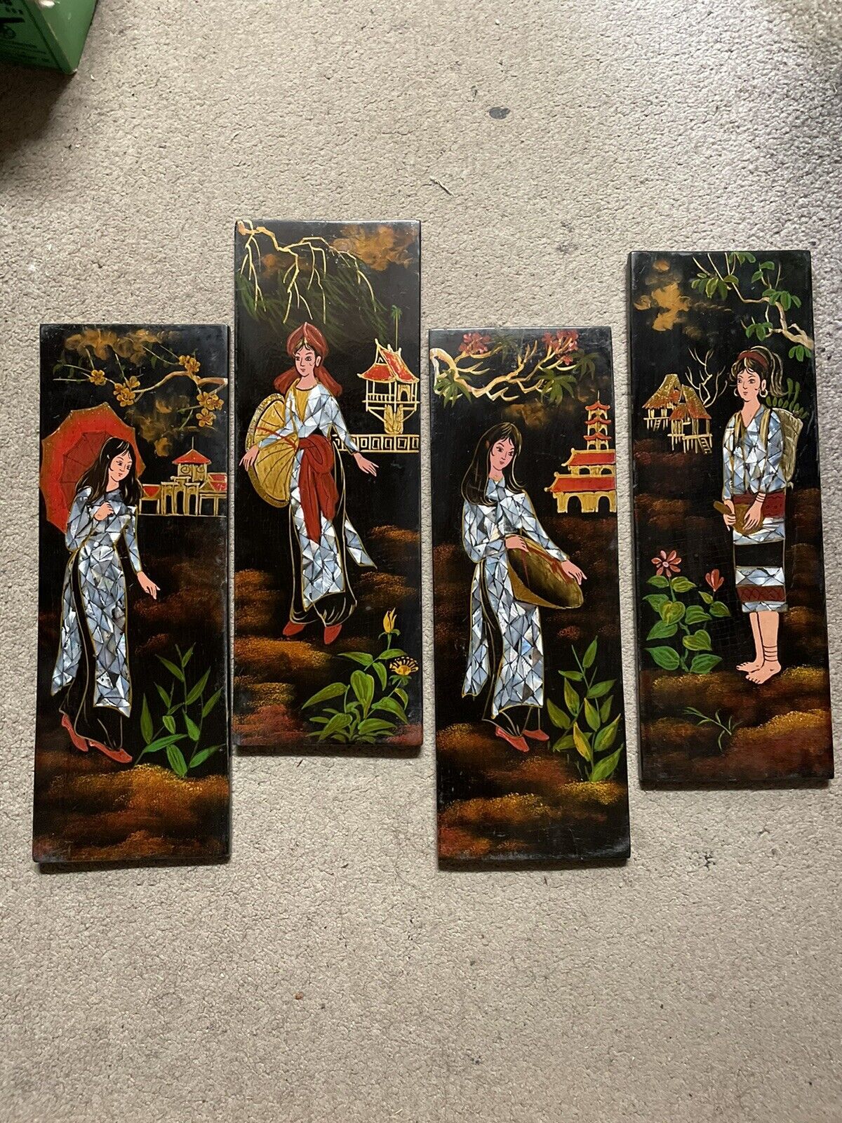 Set Of 4 Vintage Asian Ladies in Lacquer, Inlay & Painted Panels Wall Art