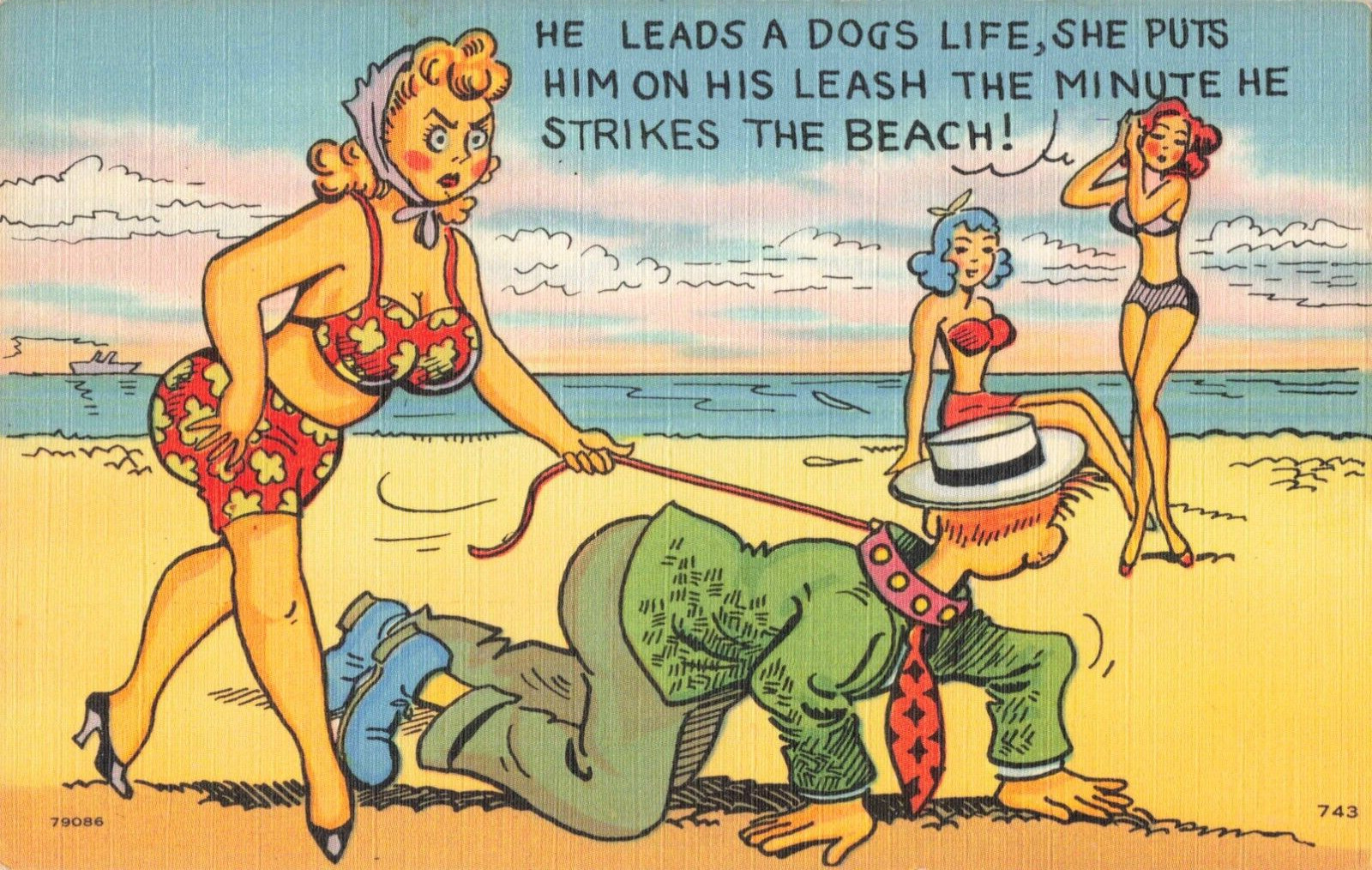 Kenoza Lake New York, Femdom Husband on Leash Comic Humor, Vintage Postcard