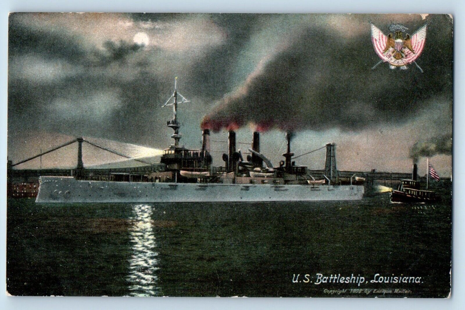 Louisiana LA Postcard US Battleship Navy Warship World War II Night Moon c1910