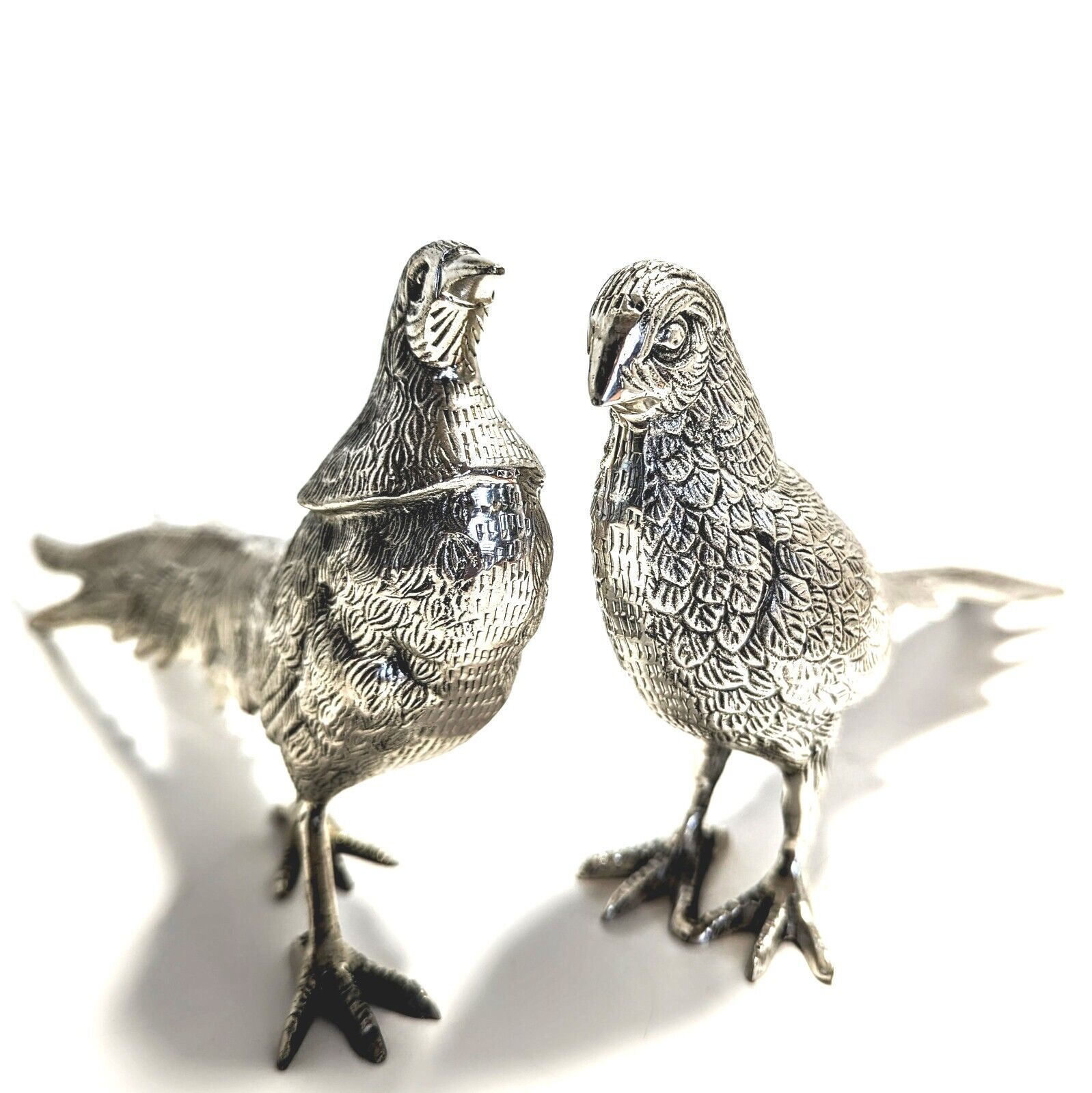 Vintage Silver Metal Pheasants Large Pair of Birds 1960\'s 12\