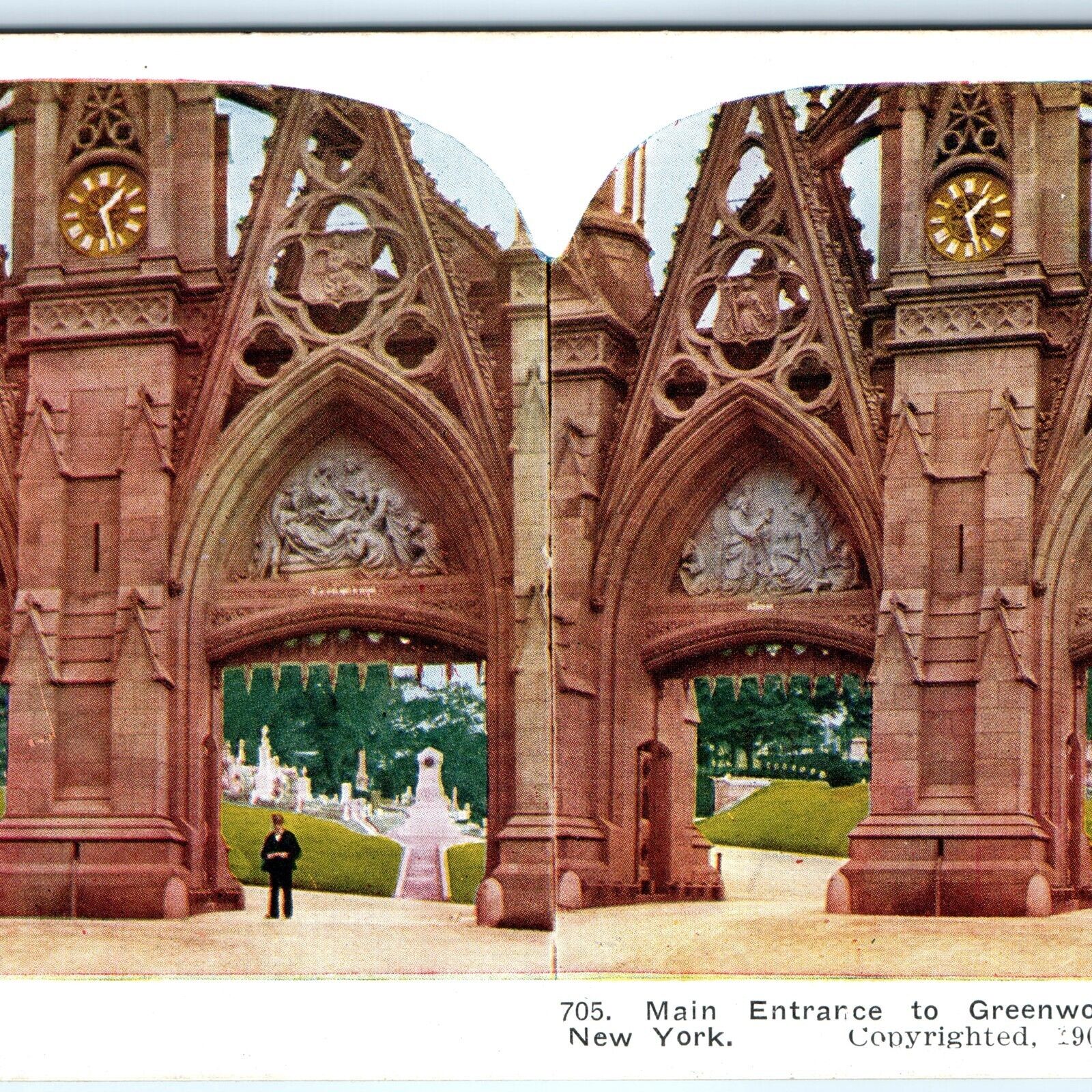 c1900s Brooklyn New York City Greenwood Cemetery Gothic Entrance Stereo Card V19