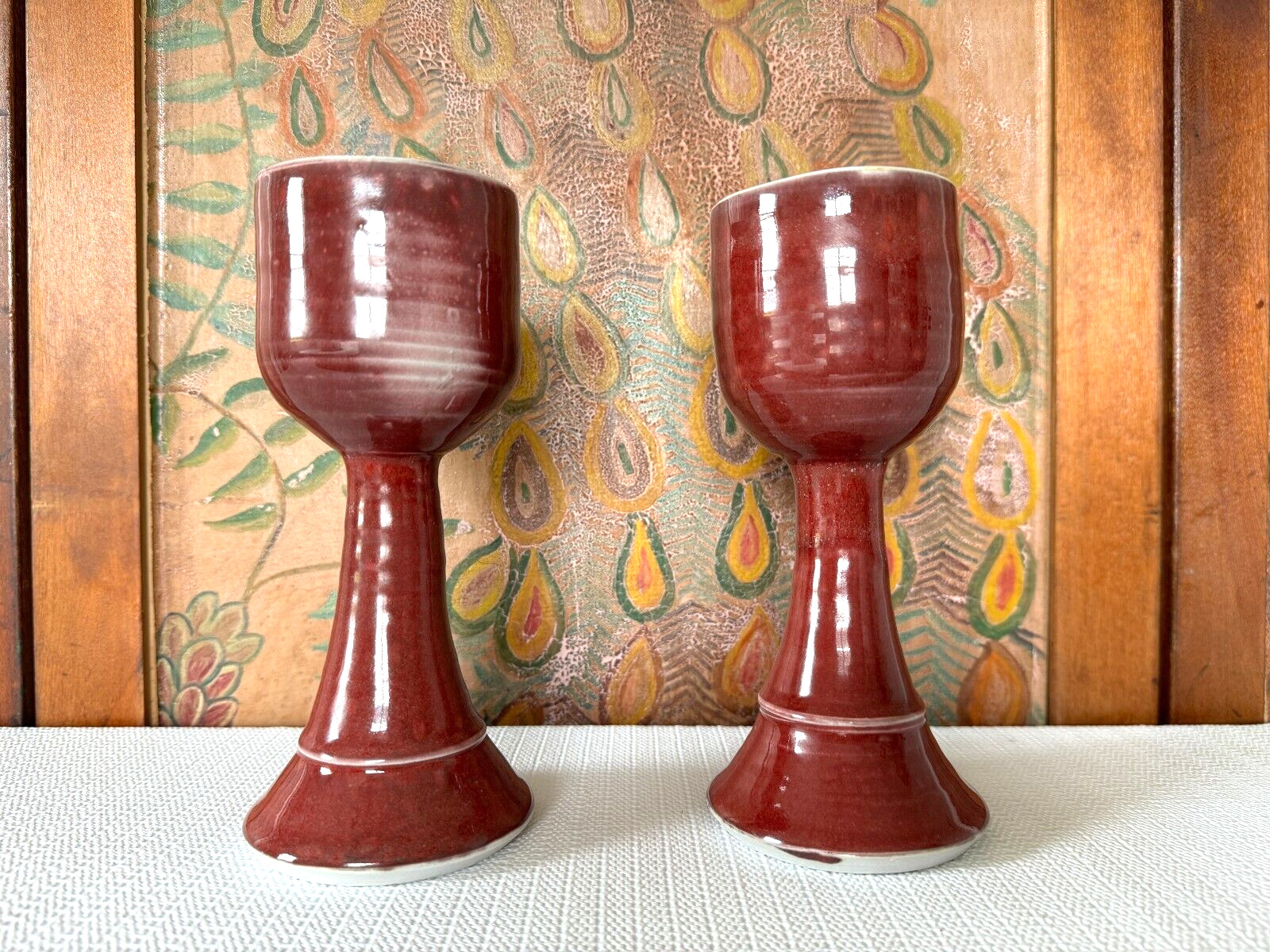 Vintage Pair Signed Gerry Williams Studio Art Pottery Red Glazed Chalices