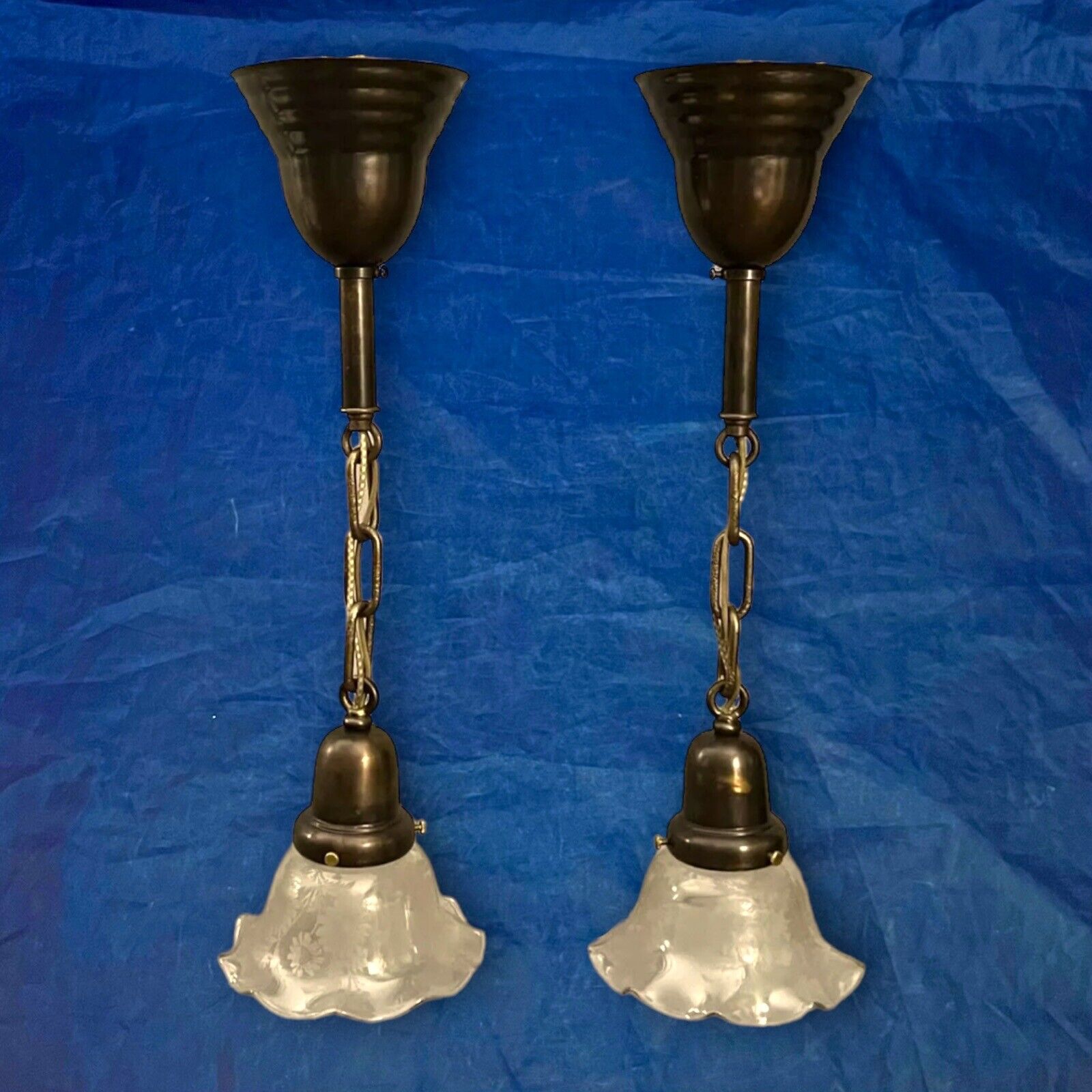 19” Long  Dark Brass Pendant Lights Pair Wired With Etched Shades 60E