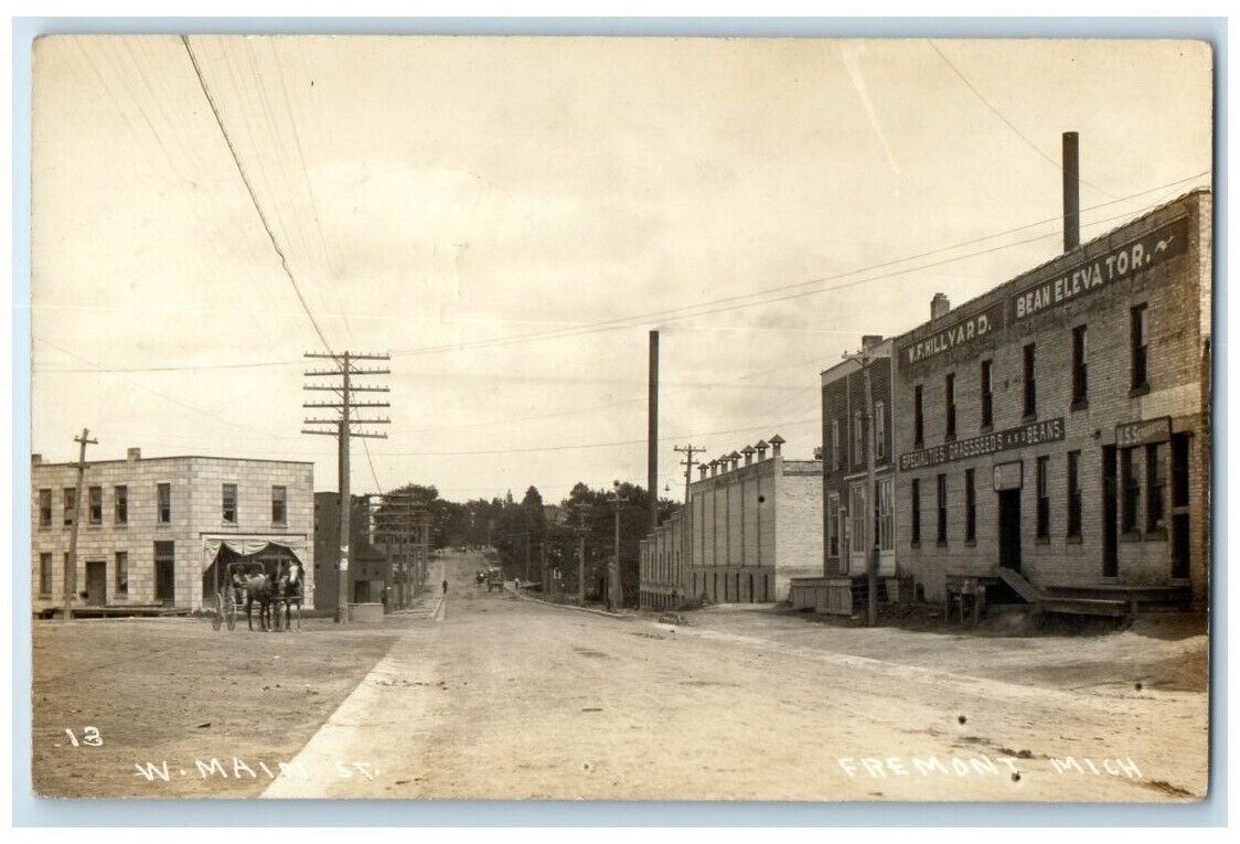 1912 West Main Street View Hillyard Bean Elevator Fremont MI RPPC Photo Postcard