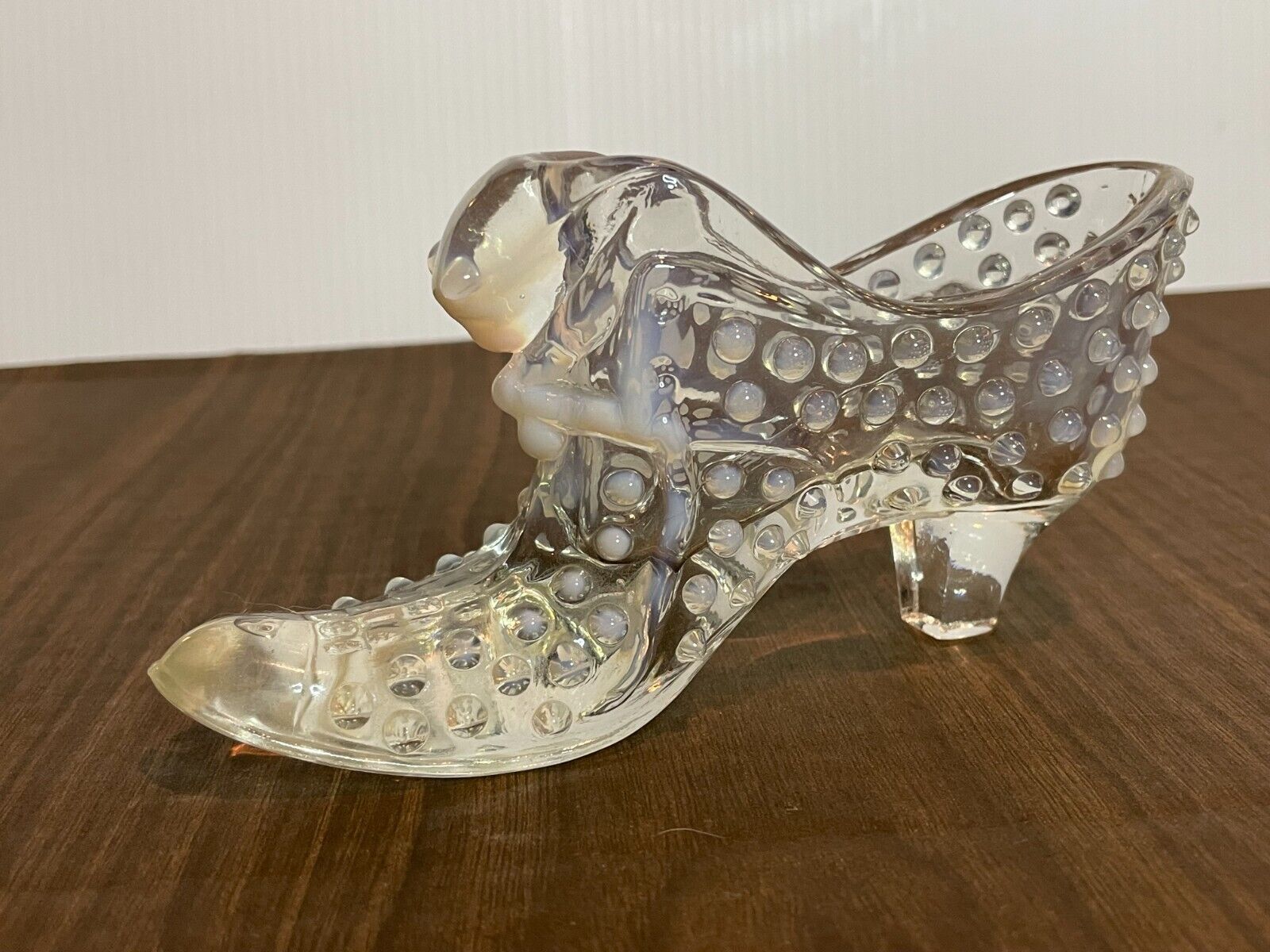 Vintage MCM Fenton Opalescent Clear Hobnail Slipper Art Glass Shoe Figurine