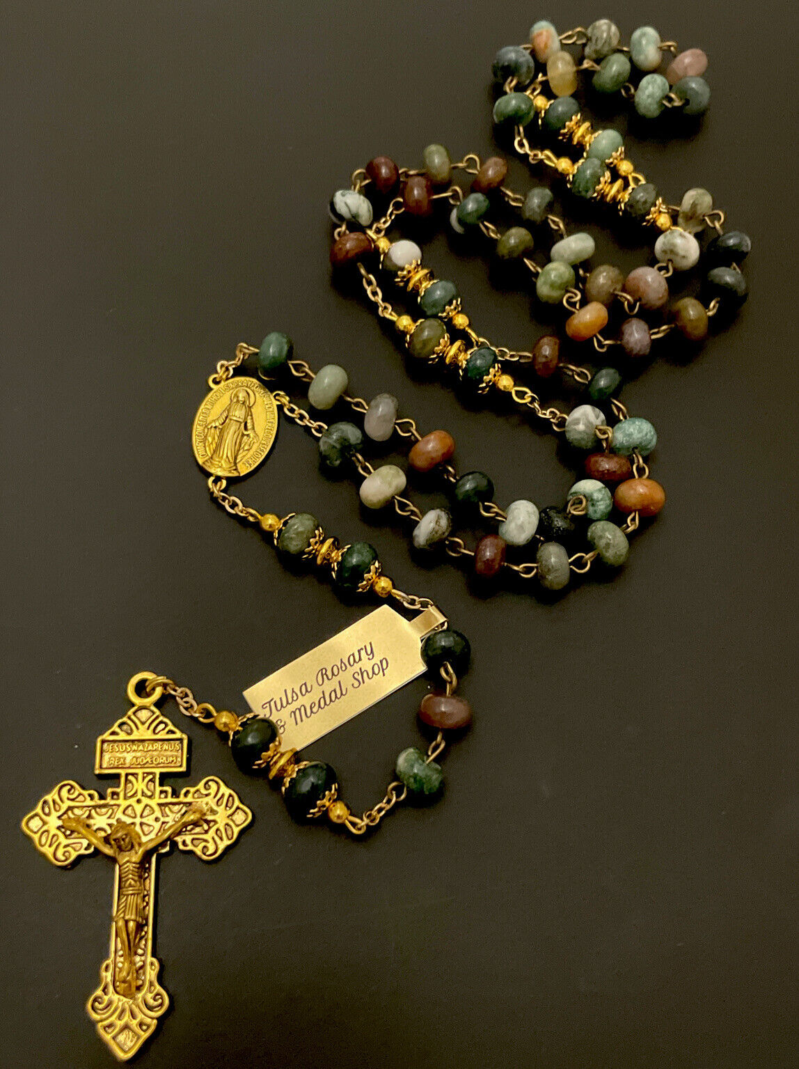 Semi Precious India Agate Stone 23” Rosary, Gold Tone Pardon Crucifix w/ Tag