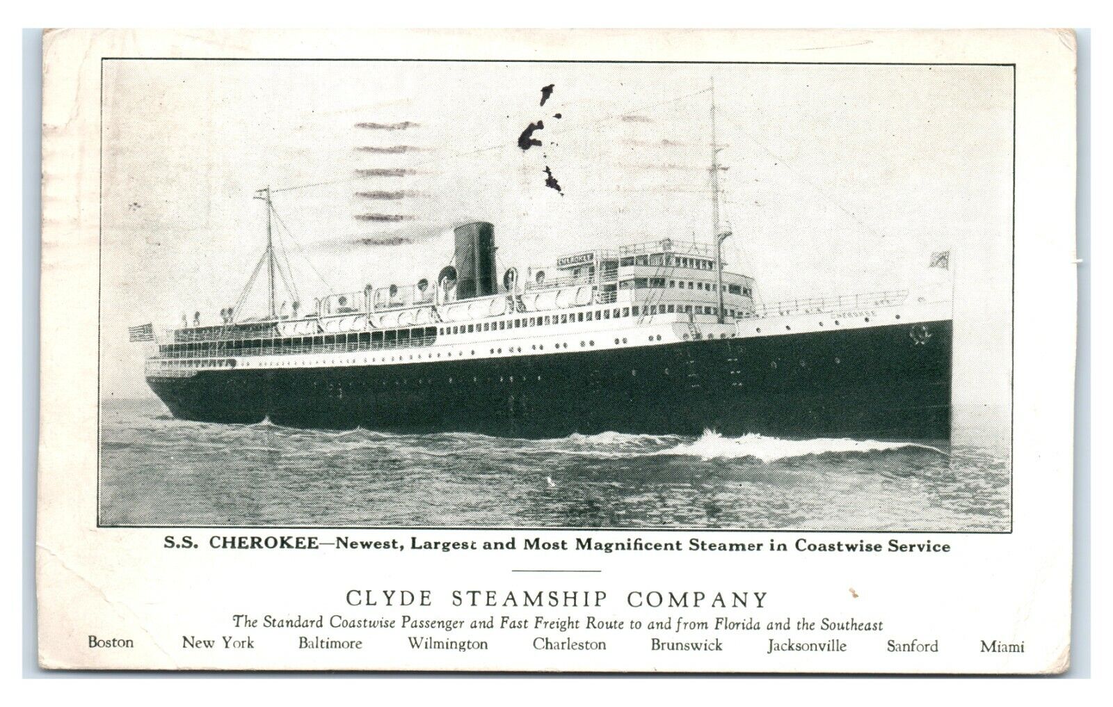 Postcard SS Cherokee, Clyde Steamship Company 1925 T18