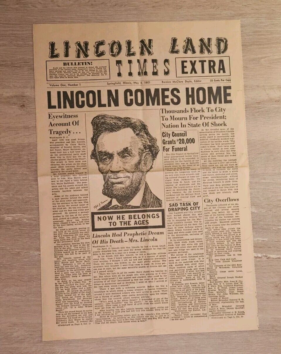 Lincoln Land Times Abe Lincoln\'s Assassination Reproduction Newspaper