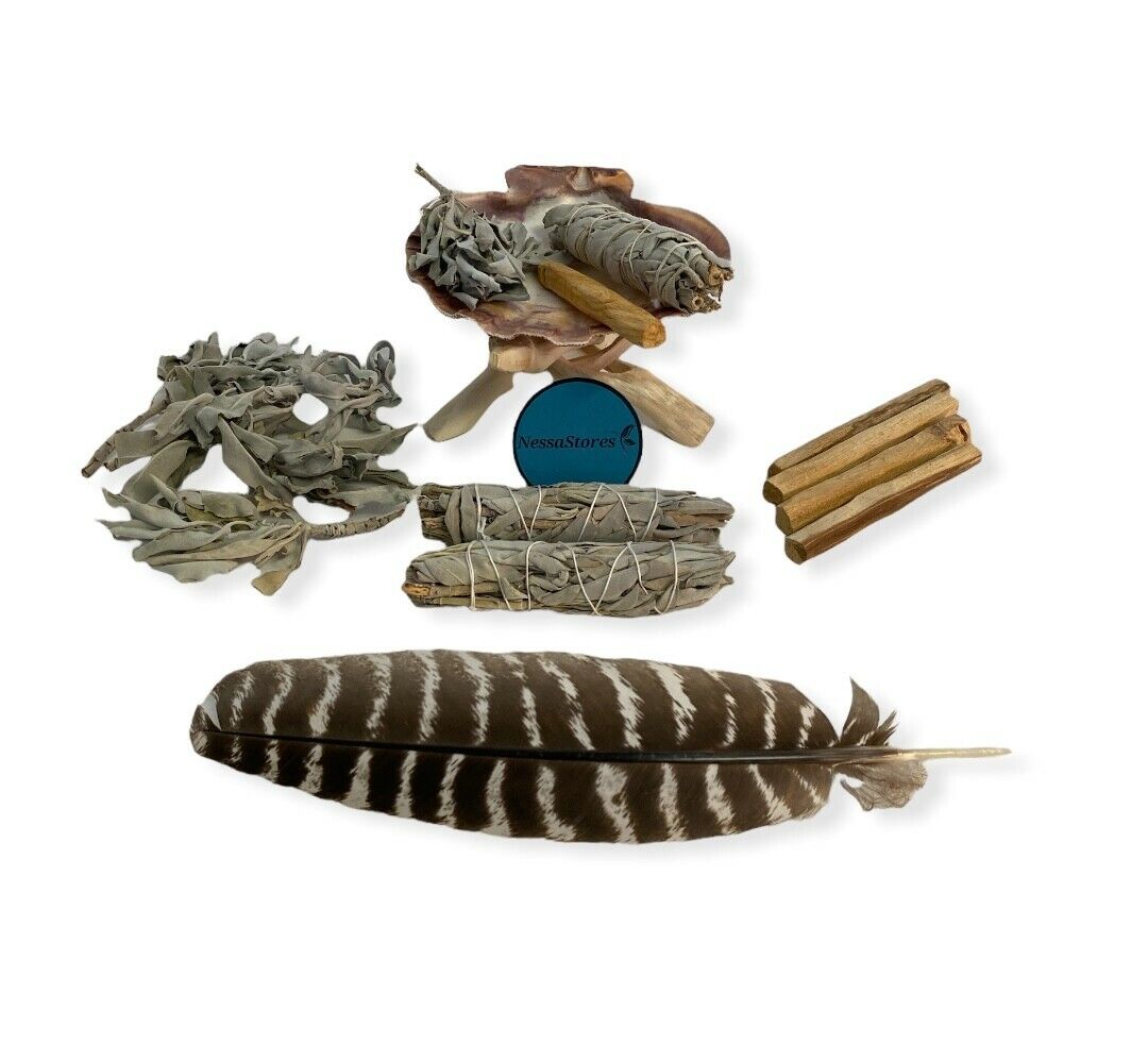 Natural Smudge Kit - Shell + Stand + Sages x2 + Palo + Feather (5 Kits) #JC-229