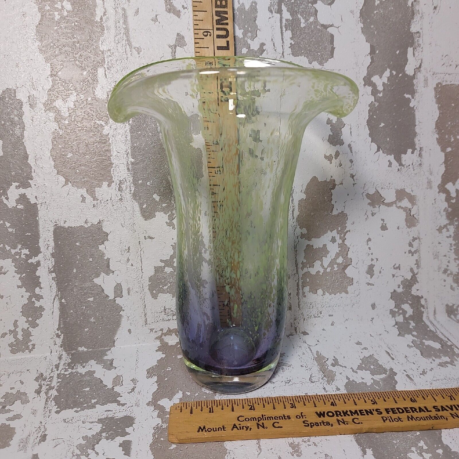Teleflora Blown Glass Flared Top Vase Blue Chartreuse Spatter 7 3/4\