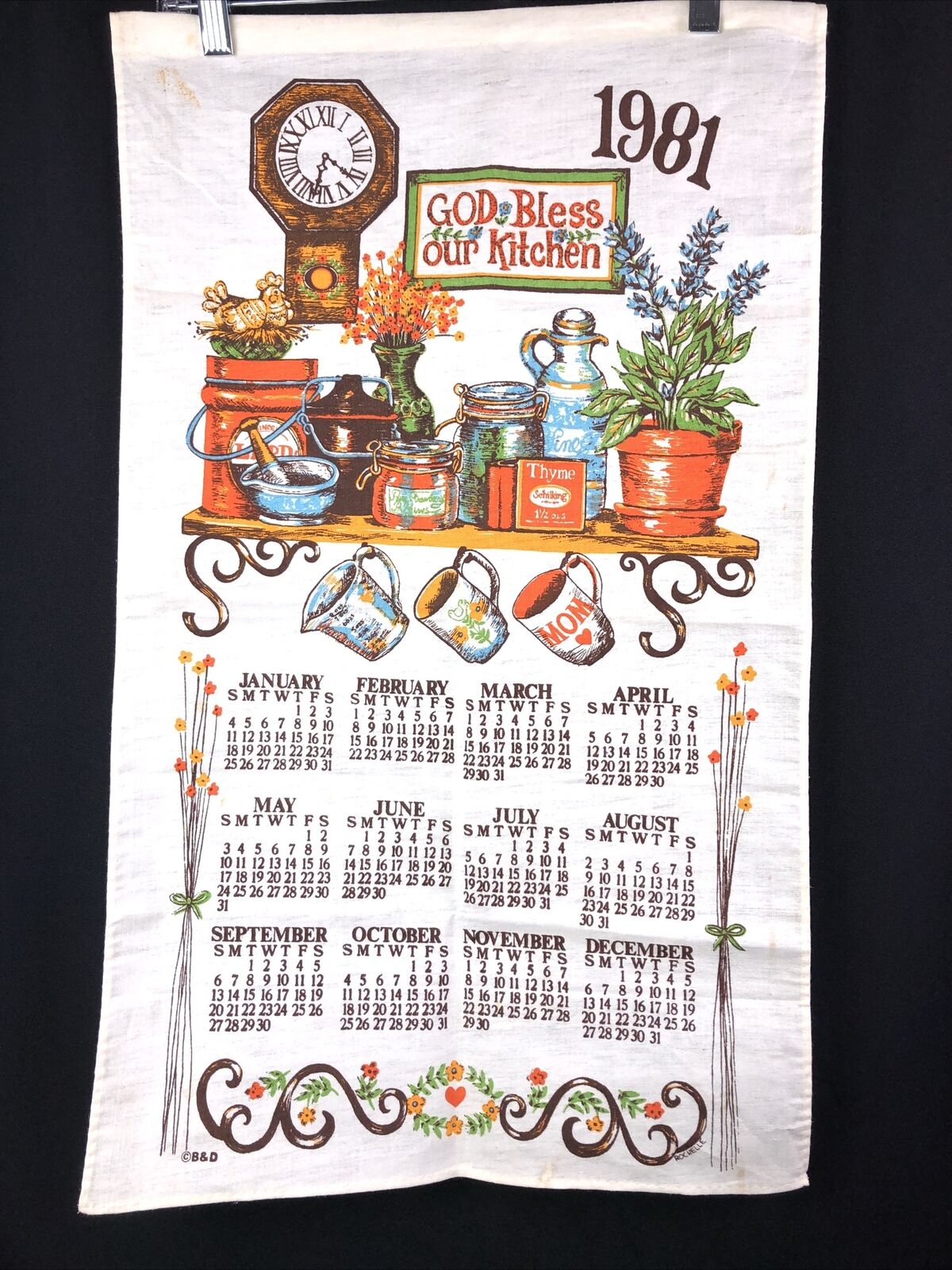 Vintage Cloth Fabric Calendar Tea Towel 1981 God Bless Our Kitchen B&D Stained