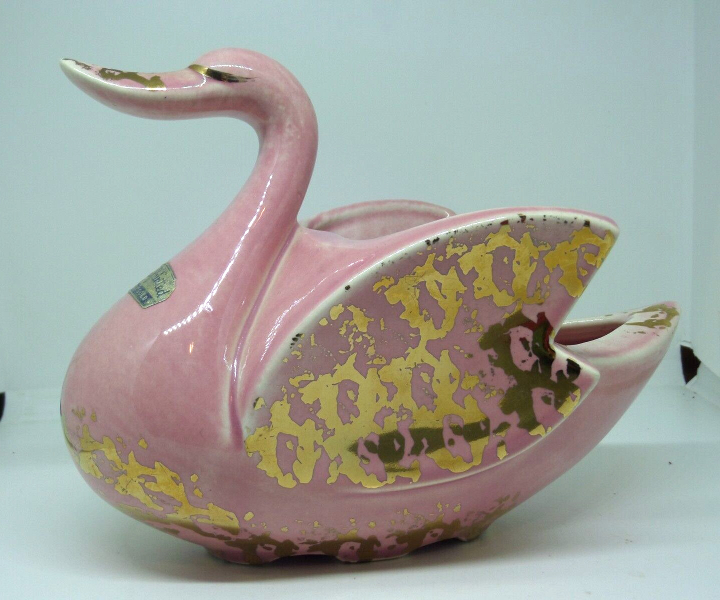 Vintage USA Pottery Pink Swan w/ 22K Gold Accents Planter