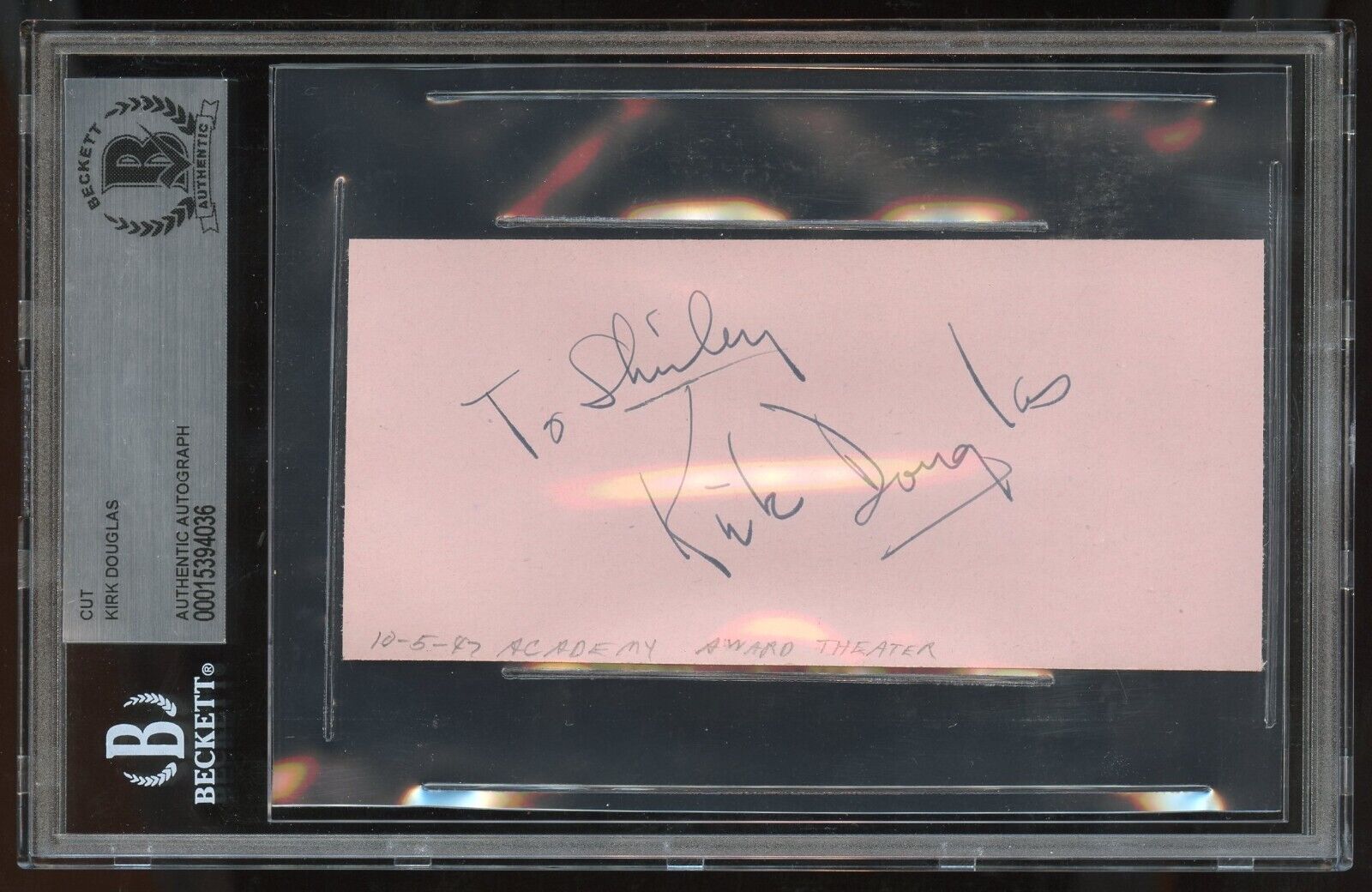 Kirk Douglas signed 2x5 cut autograph on 10-5-47 at Academy Award Theater BAS