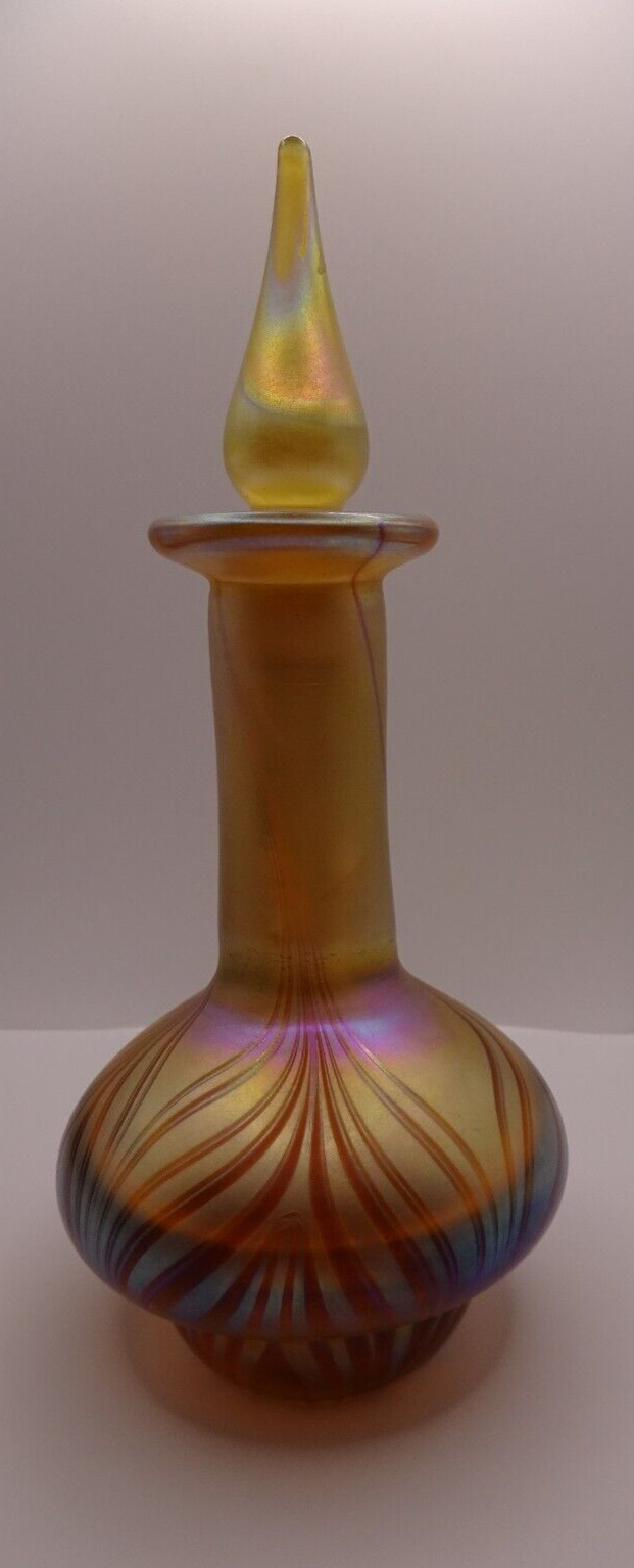 Large Signed Vandermark Glass Golden Iridescent Pulled Feather Perfume Bottle