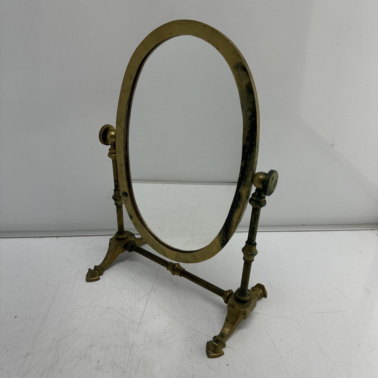 Vintage Solid Brass Shaving Vanity Mirror Oval Tilting Tabletop