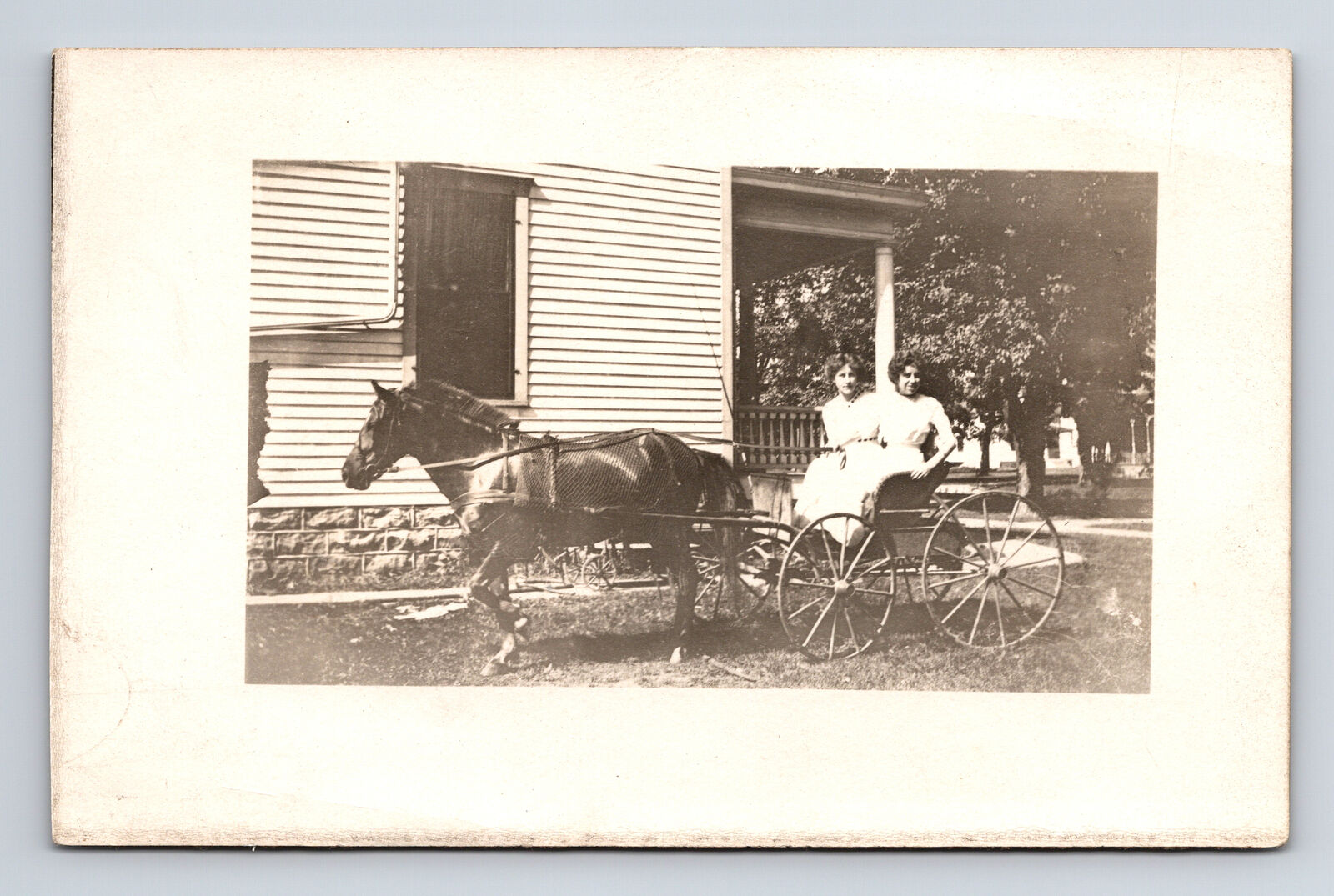 RPPC Two Young Women on Horse Drawn Buggy At Large Home Real Photo Postcard