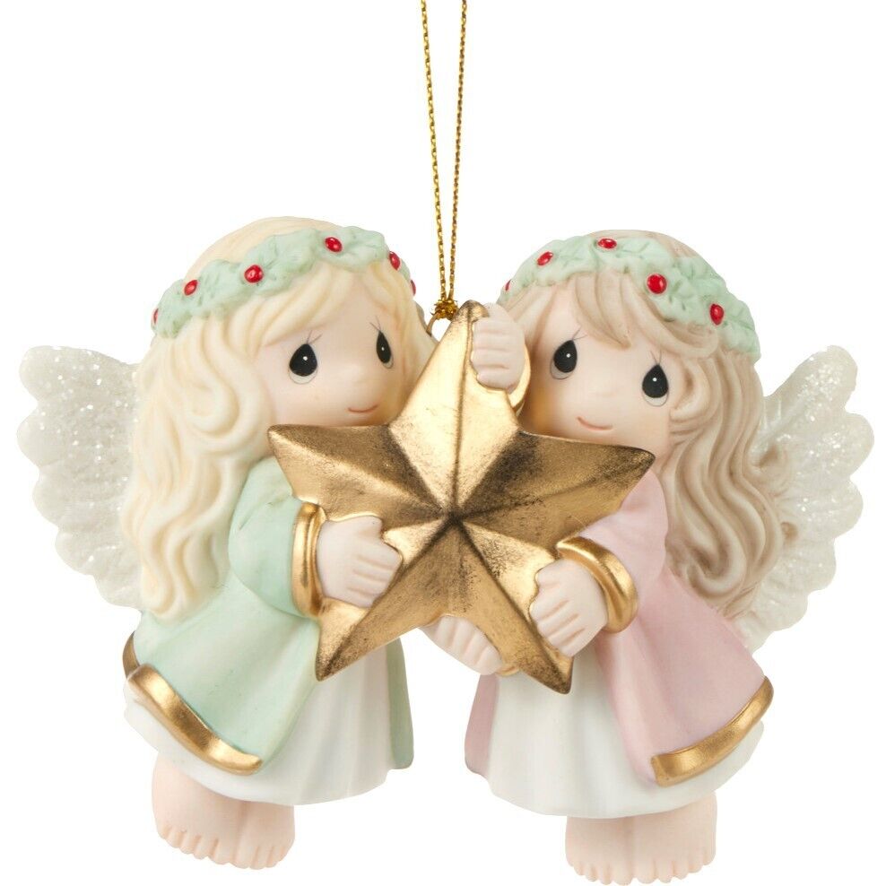 ✿ New PRECIOUS MOMENTS Christmas Ornament TWIN SISTERS ANGEL Golden Star Decor