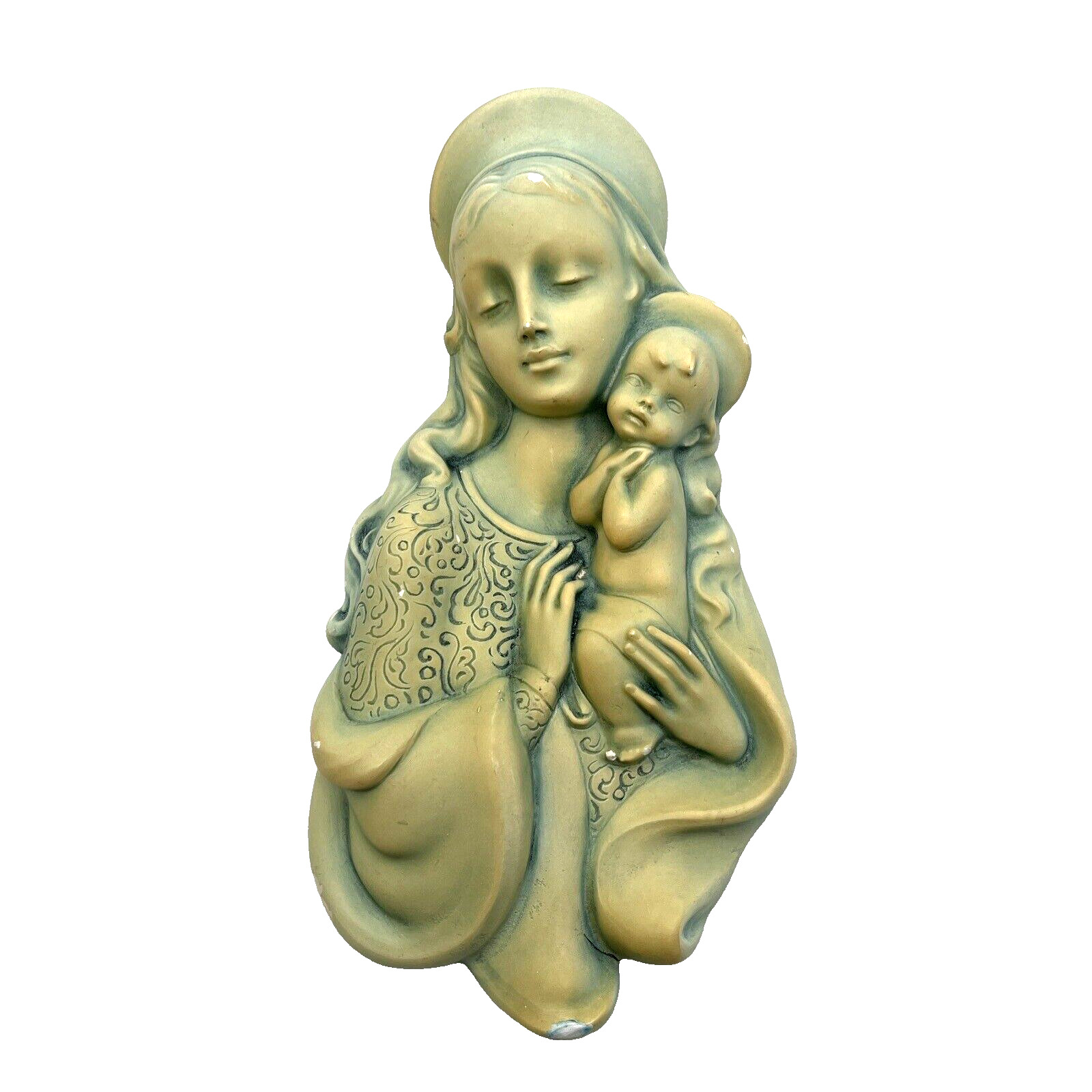 Vintage Madonna and Child Wall Plaque Chalkware Green/Blue Hues 10”x 5” C.S. 246