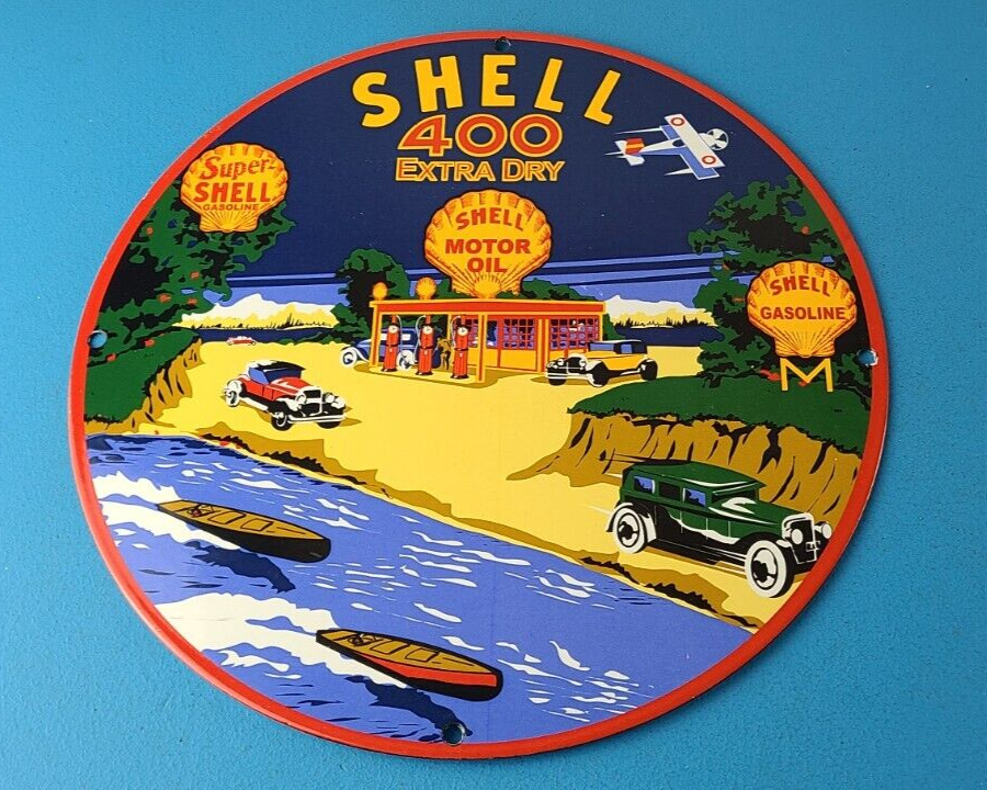 Vintage Super Shell Gasoline Sign - 400 Extra Dry Gas Oil Pump Porcelain Sign