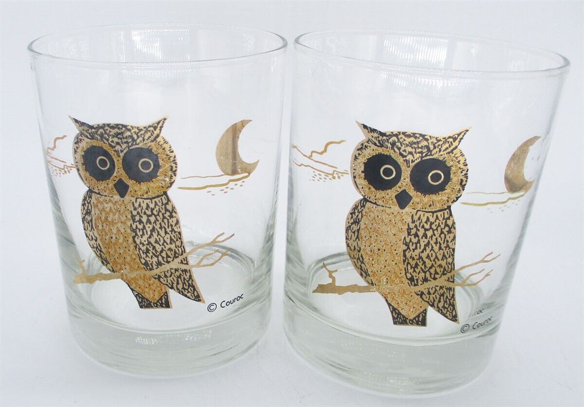 2 Couroc OWL Glasses Low Ball Barware Double Old Fashion 3 3/8\