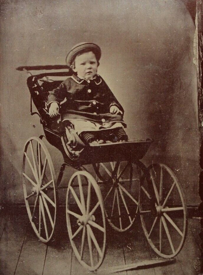 Antique Tintype Adorable Baby Boy Child In Wooden Wheel Stroller Wagon T47