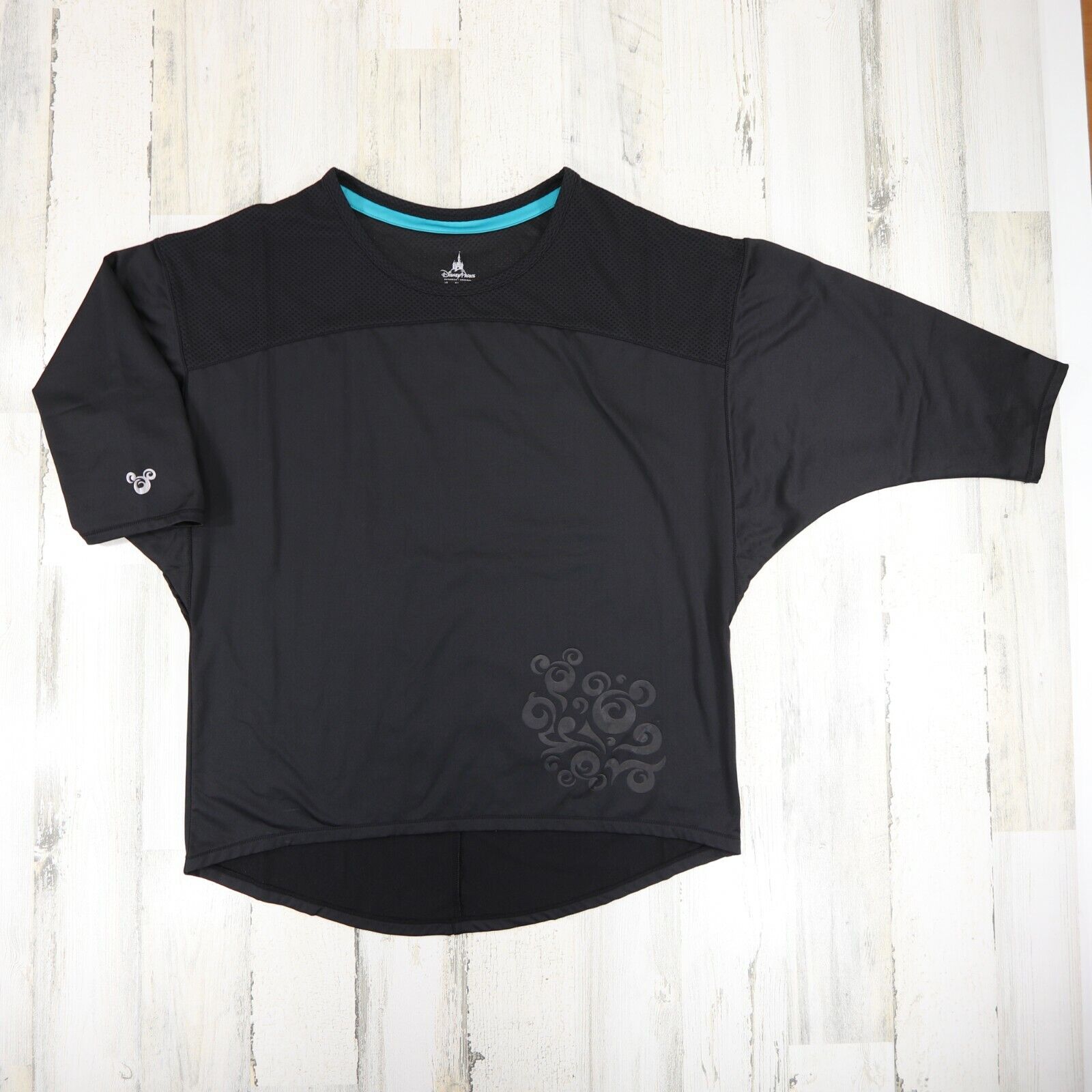 Disney Parks Black Embossed Mickey Swirl Light Fleece Jersey Top Size M / L