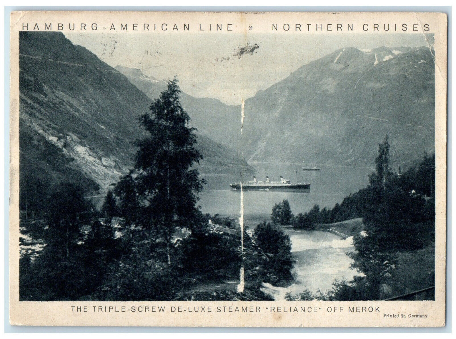 1930 Reliance Steamer Cruise Hamburg American Line Merok De-Luxe Screw Postcard