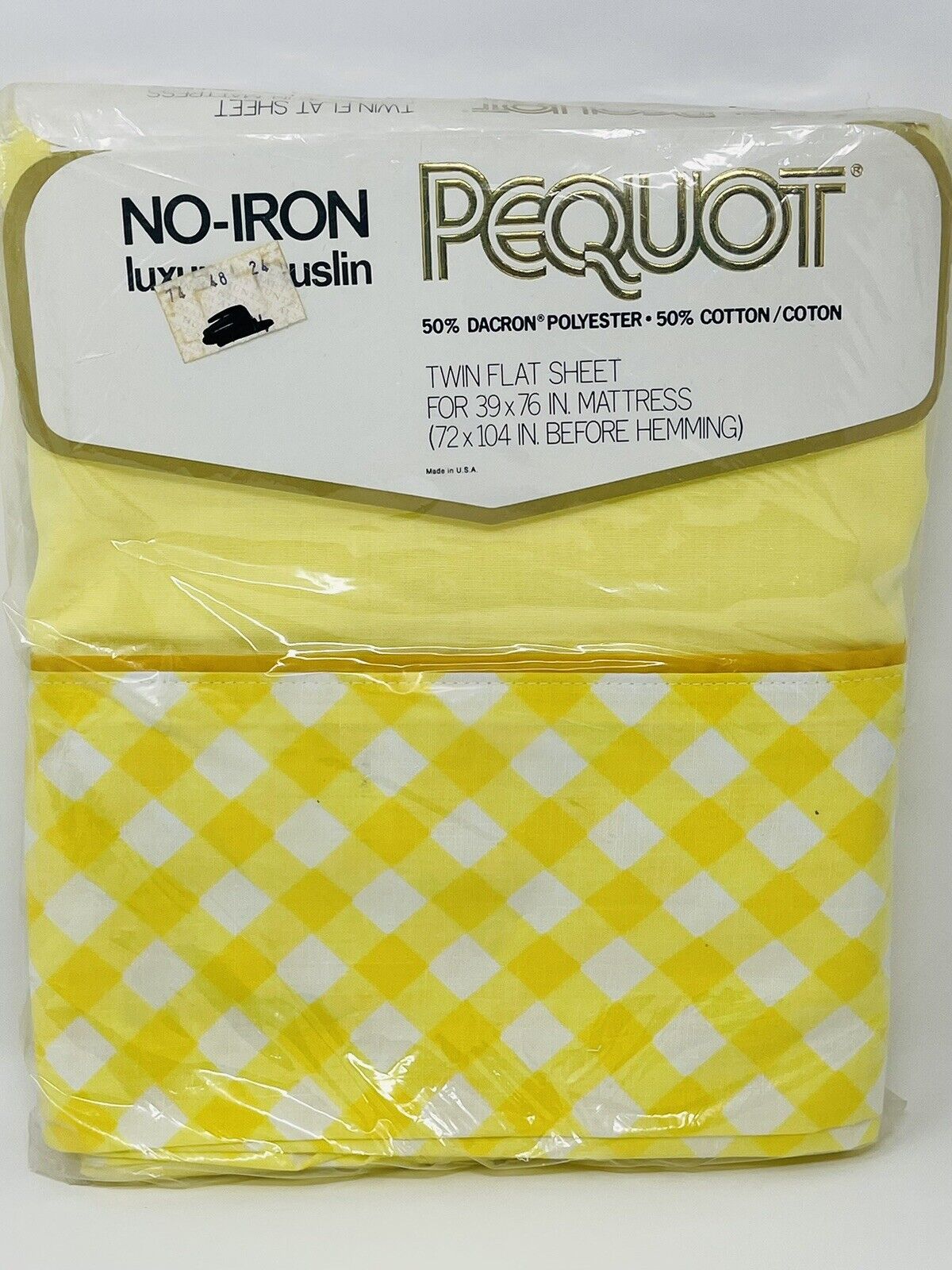 Vtg PEQUOT Springs Mills No-Iron Muslin Yellow and White TWIN Flat Sheet NOS