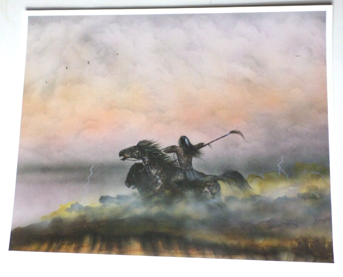 1995 Tim Saupitty Comanche Warrior w/Horse &Buffalo Storm Art Print 14.5x 11.5\