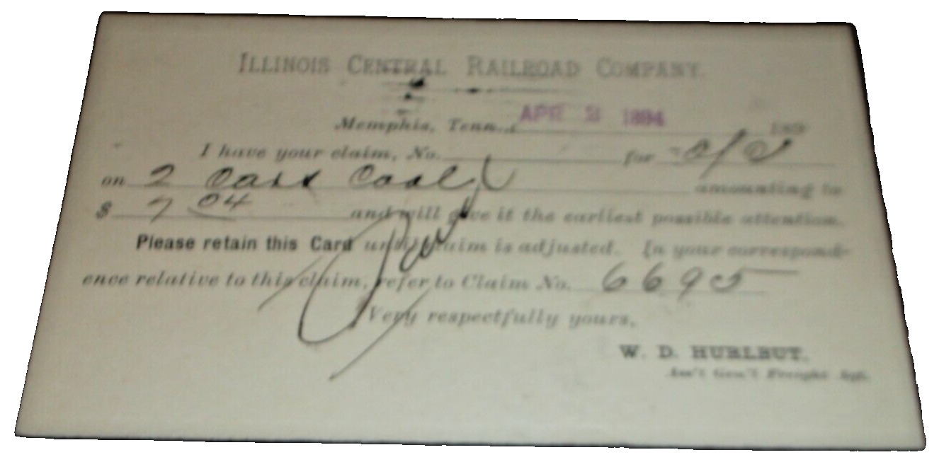 APRIL 1894 ILLINOIS CENTRAL FREIGHT CLAIM POST CARD MEMPHIS TENNESSEE