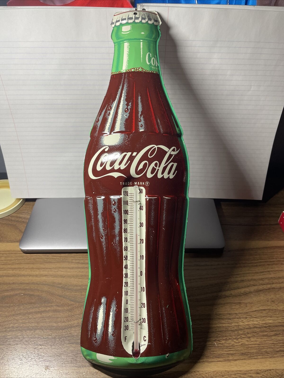1956 Vintage COCA COLA Old Die-Cut Tin Bottle 17 in. Thermometer Sign