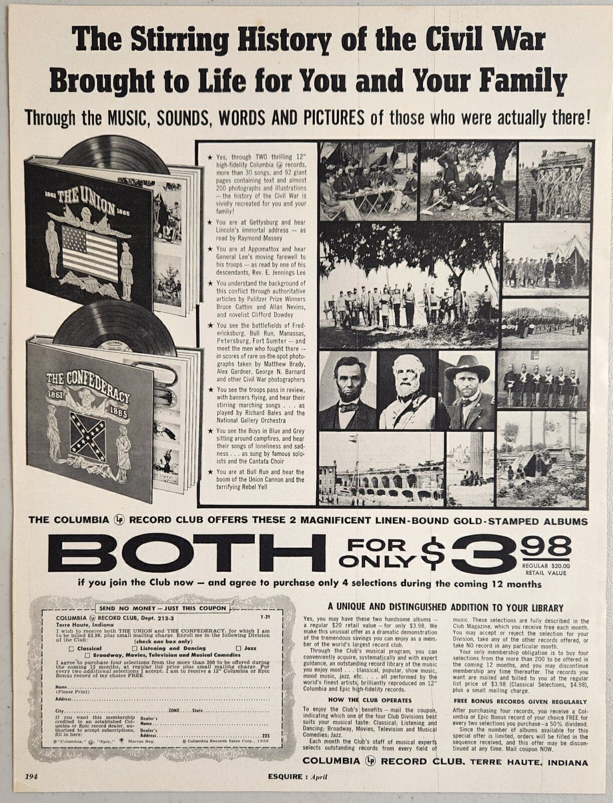 1959 Print Ad Columbia Records History of Civil War Album Lincoln Terre Haute,IN