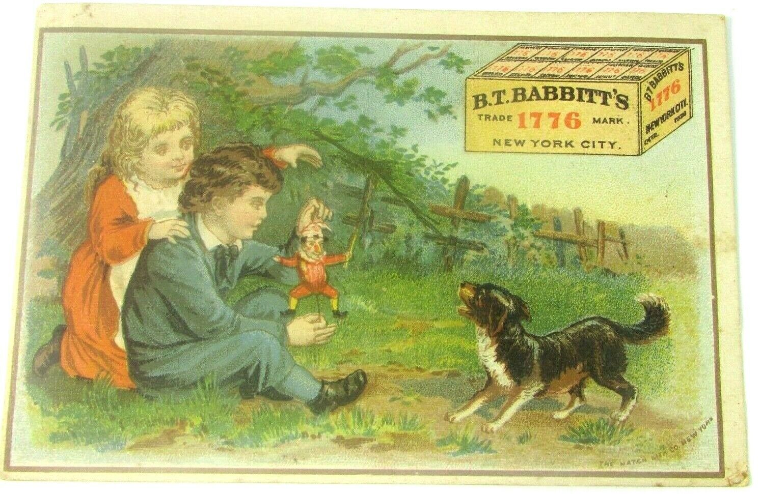Antique B.T. Babbitt\'s Soap Co. Trade Card Children Punch Marionette  Terrier
