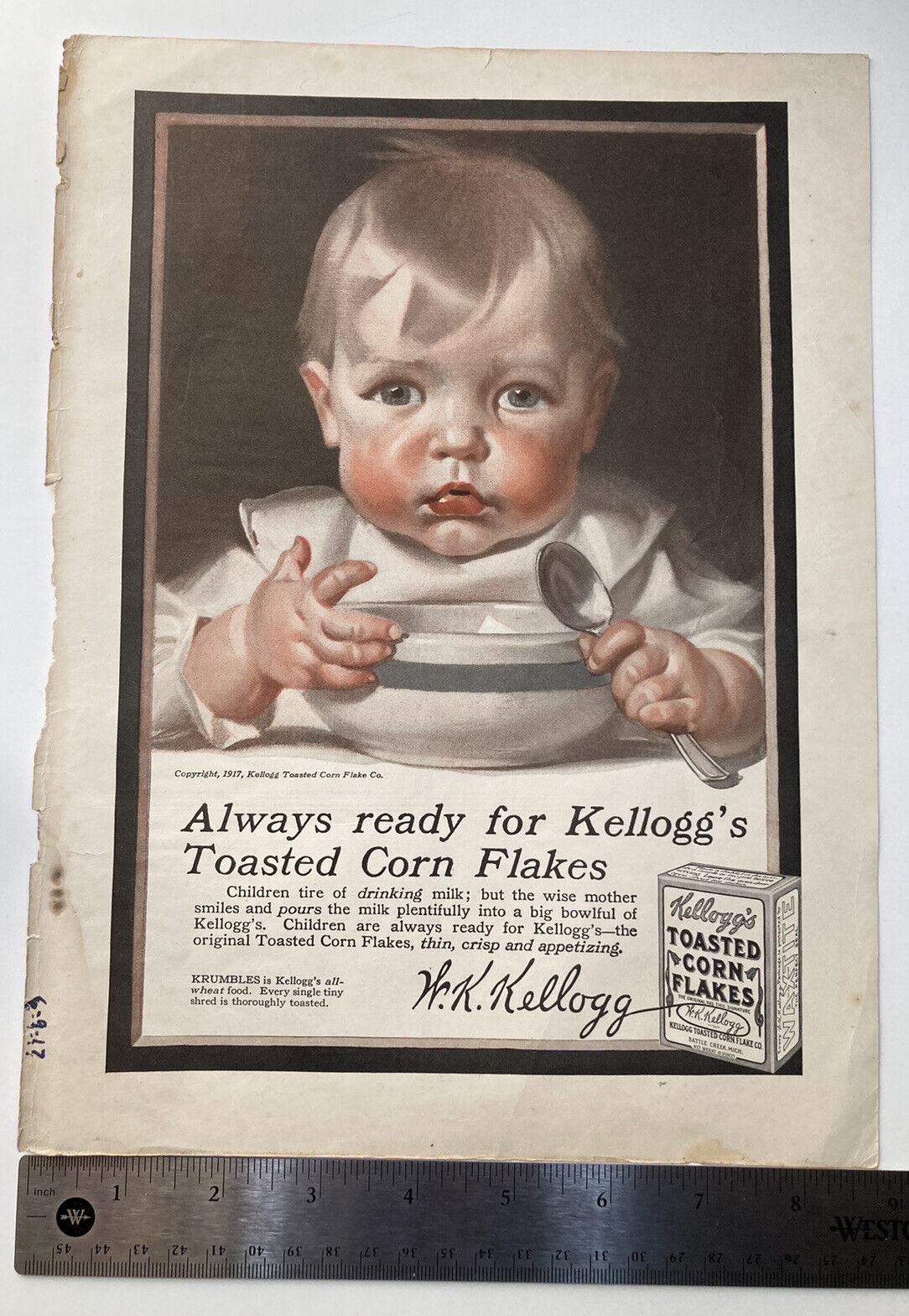 ANTIQUE 1917 Print Ad Kellogg’s Corn Flakes Rogers Bros Silverware 9x12”