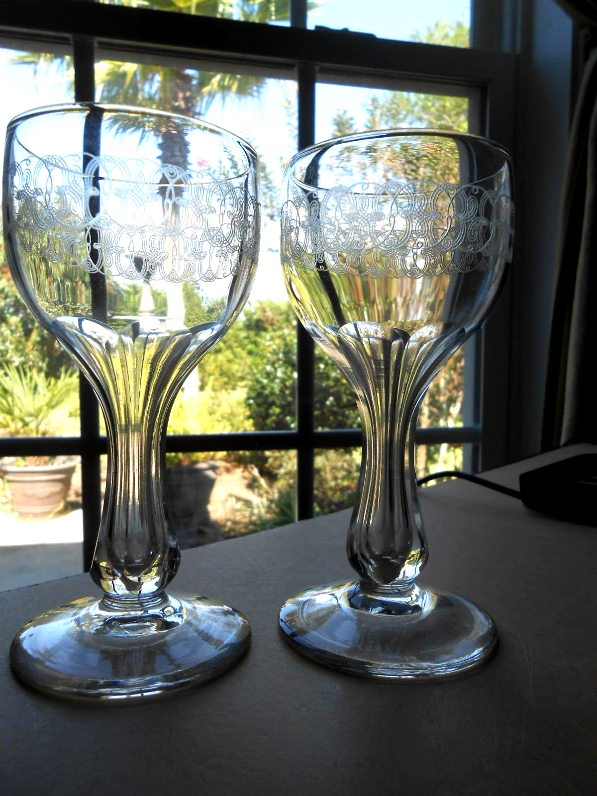 SET  2 Bryce Hollow  Stem Champagne Etched # 894-2  Antique 1920s