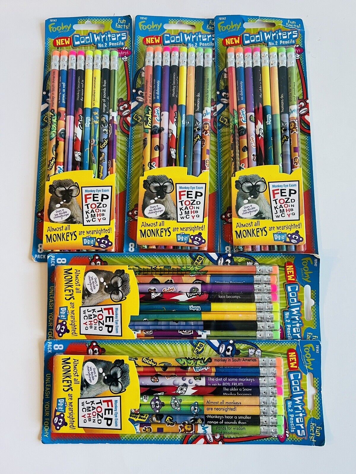 Foohy 2005 RARE Cool Writers #2 Pencils Almost All Monkeys Are Near Sighted