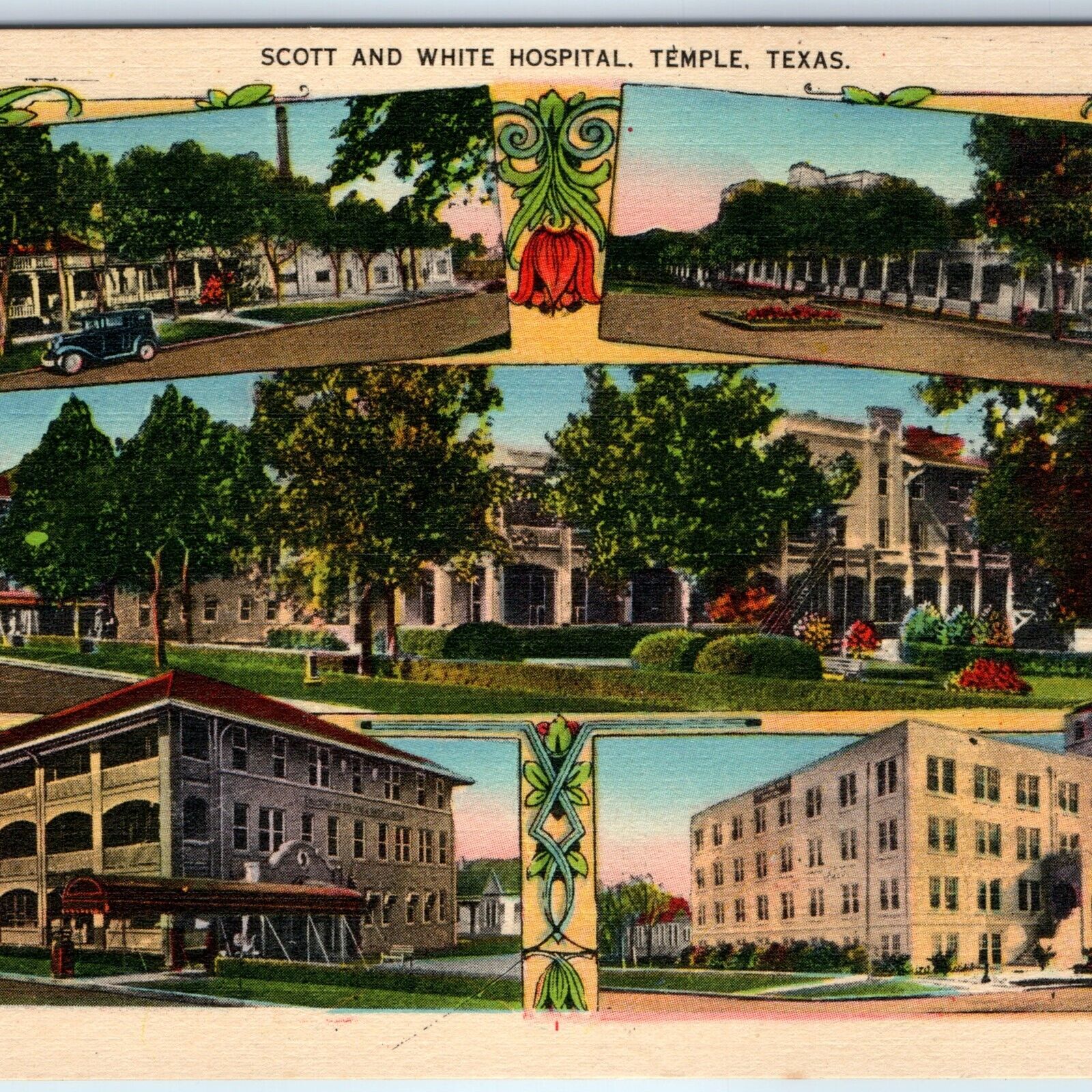 c1940s Temple TX Multi View Scott & White Hospital Artistic Border Hotel PC A229