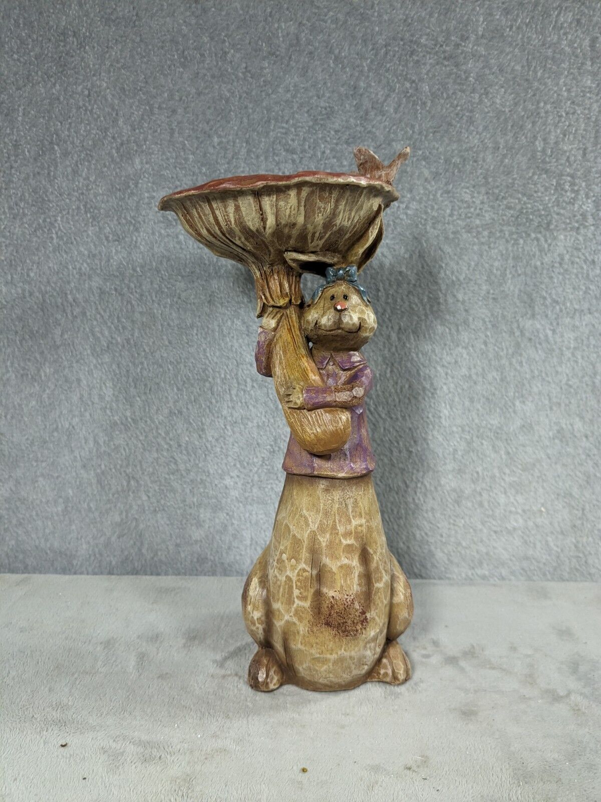 Vintage Mann Ceramic Collectable Rabbit Figurine Holding Mushroom 11” Tall