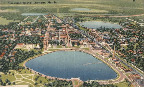 Aeroplane View of Lakeland,Fla,FL Tichnor Polk County Florida Linen Postcard