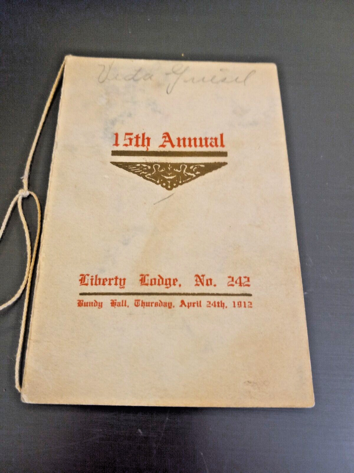Rare Antique 1912 Ephemera Dance Card Liberty Lodge Bundy Hall marbling  542