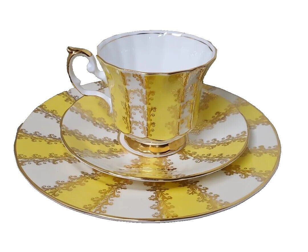 Vintage ELIZABETHAN Tea Cup, Saucer and plate Yellow & Gold Gilt Pattern England