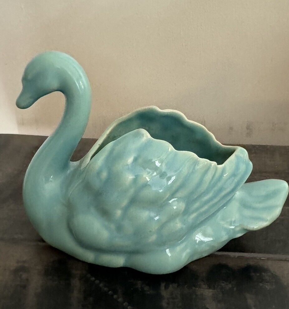 Vintage Aqua Blue Ceramic Swan Planter