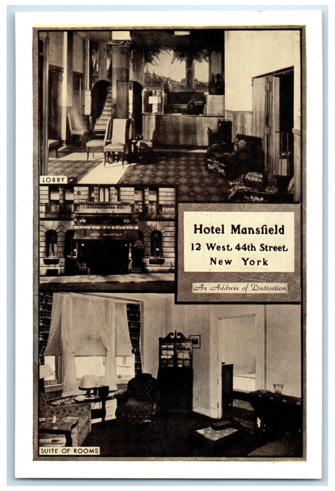 c1960 Hotel Mansfield Interior Lobby Suite Room Fifth Avenue New York Postcard