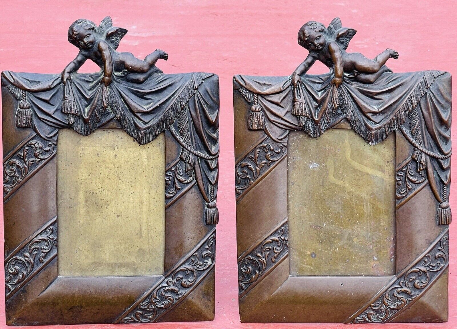 Exceptional Matching Pair Of Circa 1900 Bronze Cherub And Drapery Picture Frames