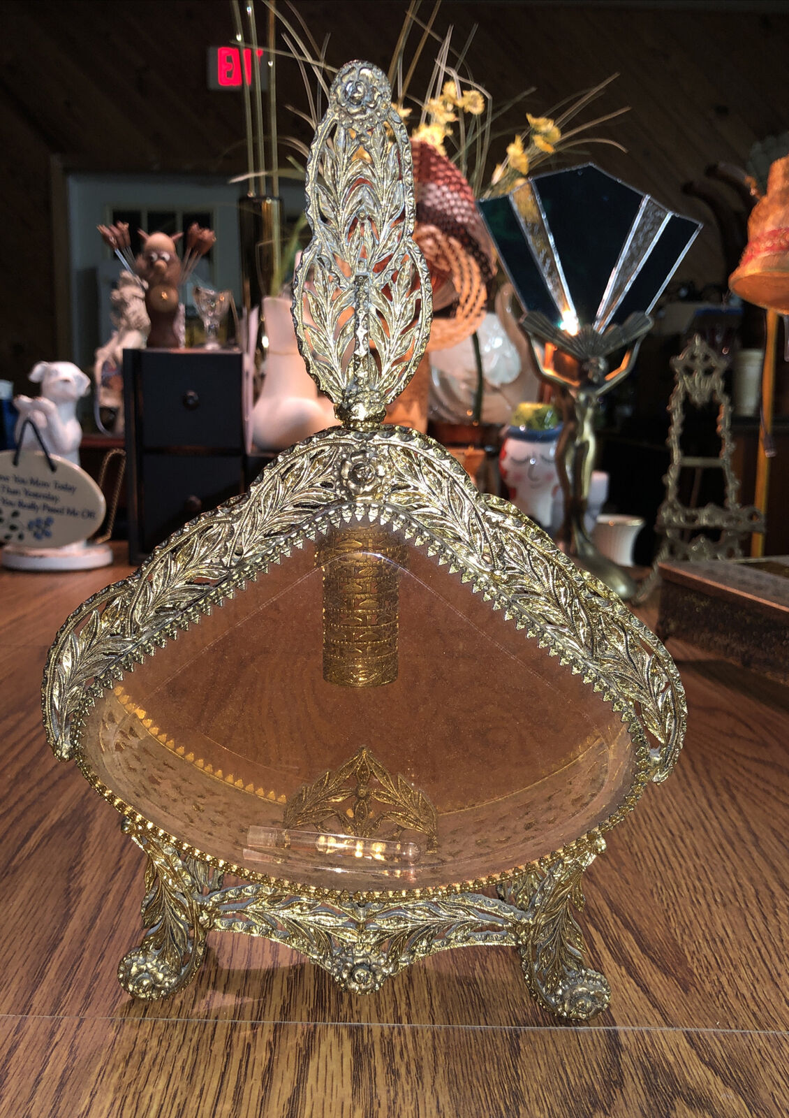 Vintage 10” Ormolu Beveled Amber Glass Ornate  Filigree Perfume Bottle