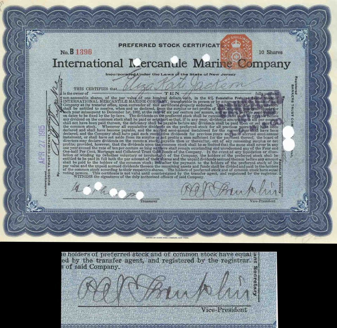 Titanic Stock Signed By P.A.S. Franklin who was in Charge During the Titanic Dis