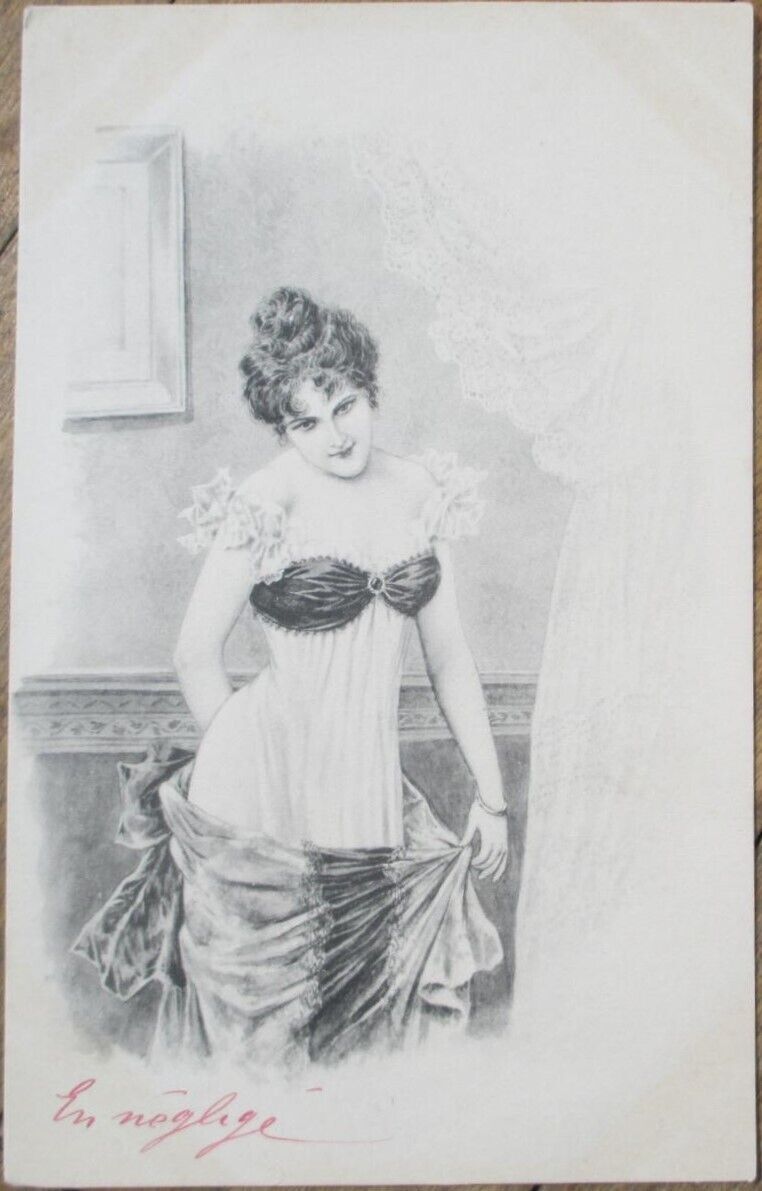 Risque 1902 French Postcard, Woman in Negligee Undressing, Boudoir