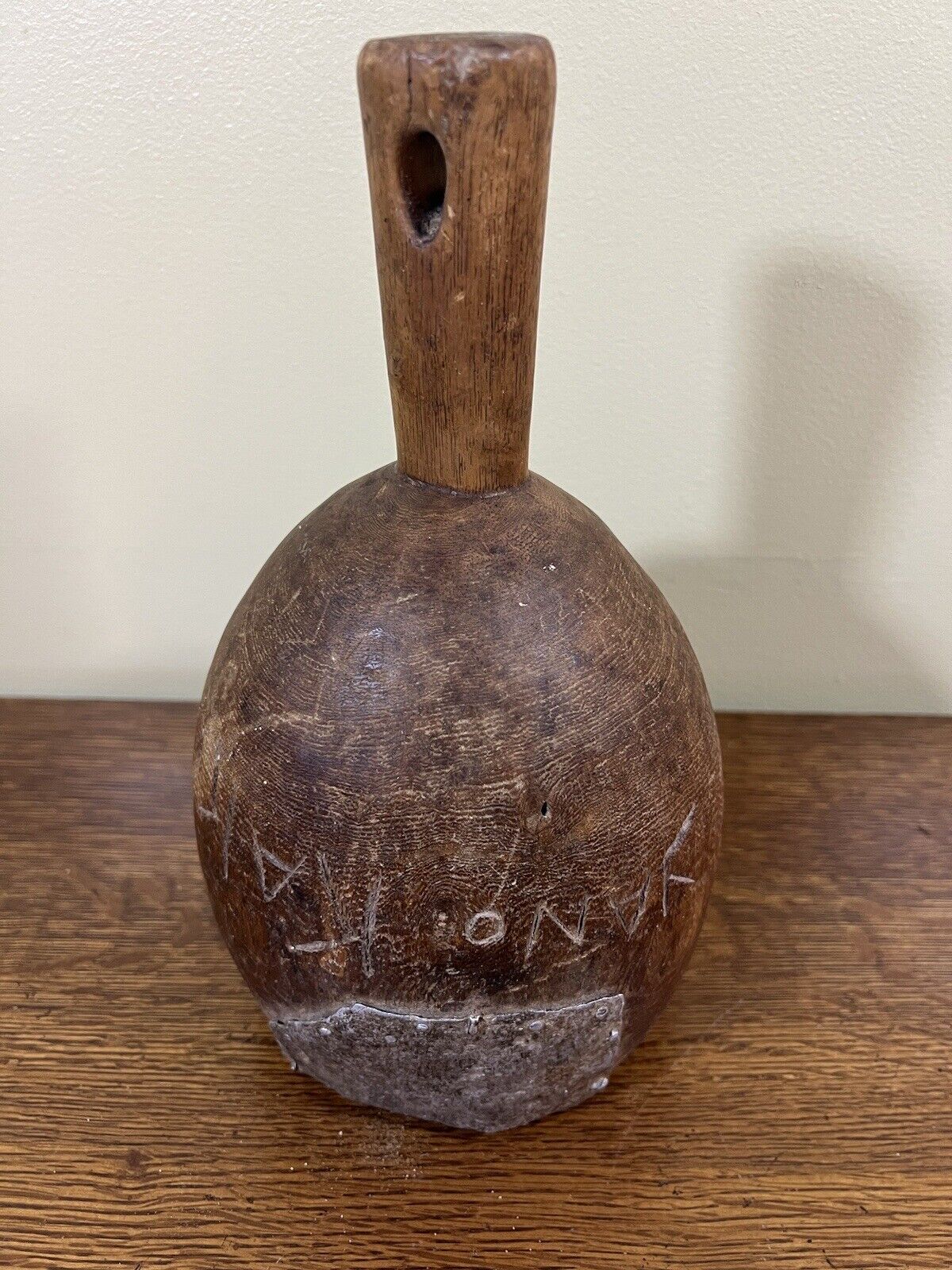 Antique African PRIMITIVE Hand Carved Wood Bowl Writing & Metal Repair Folk Art